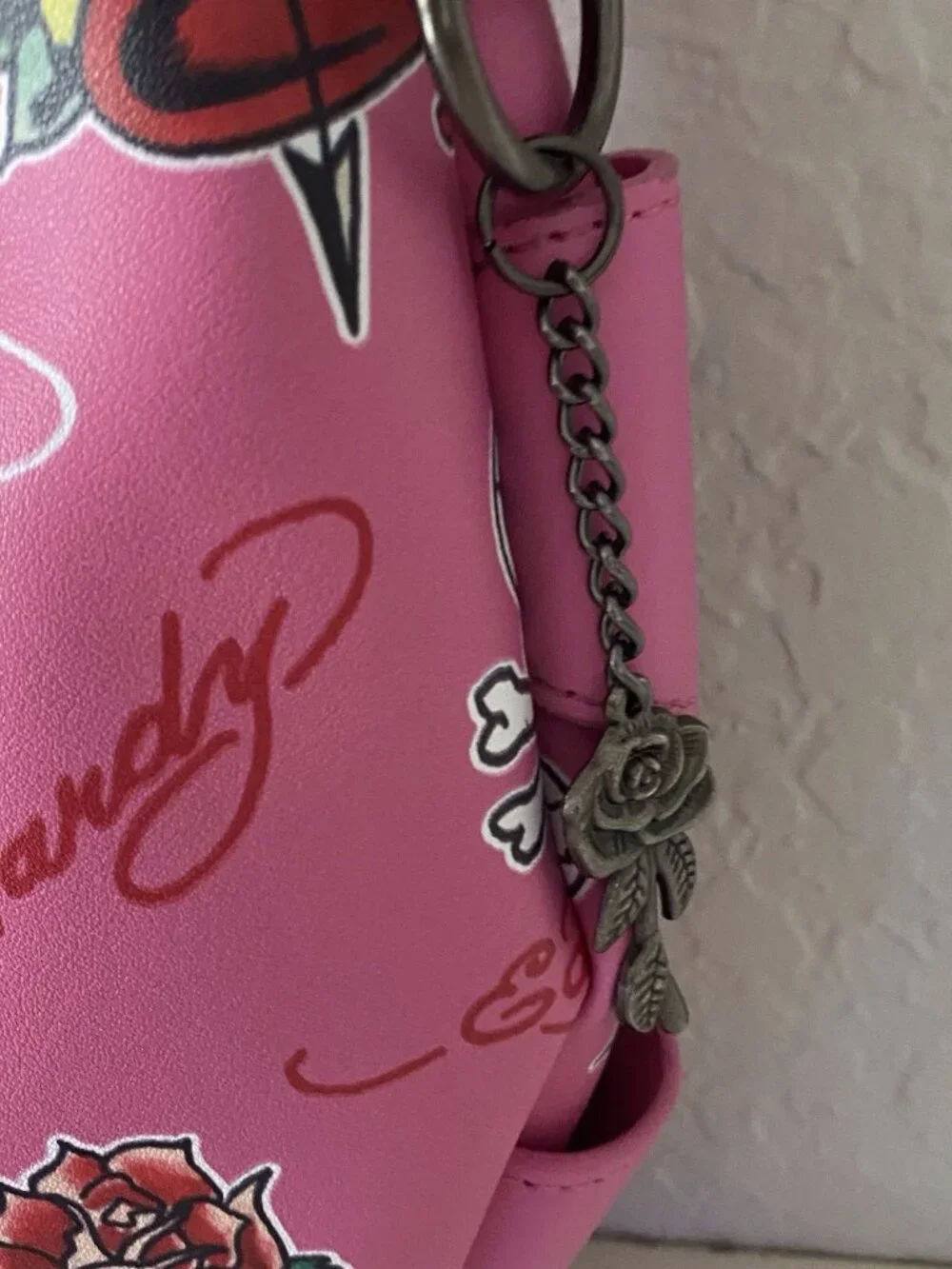 Ed Hardy Pink Hobo‎ Shoulder Bag Studded Heart Rose Skull Cross Charms NEW